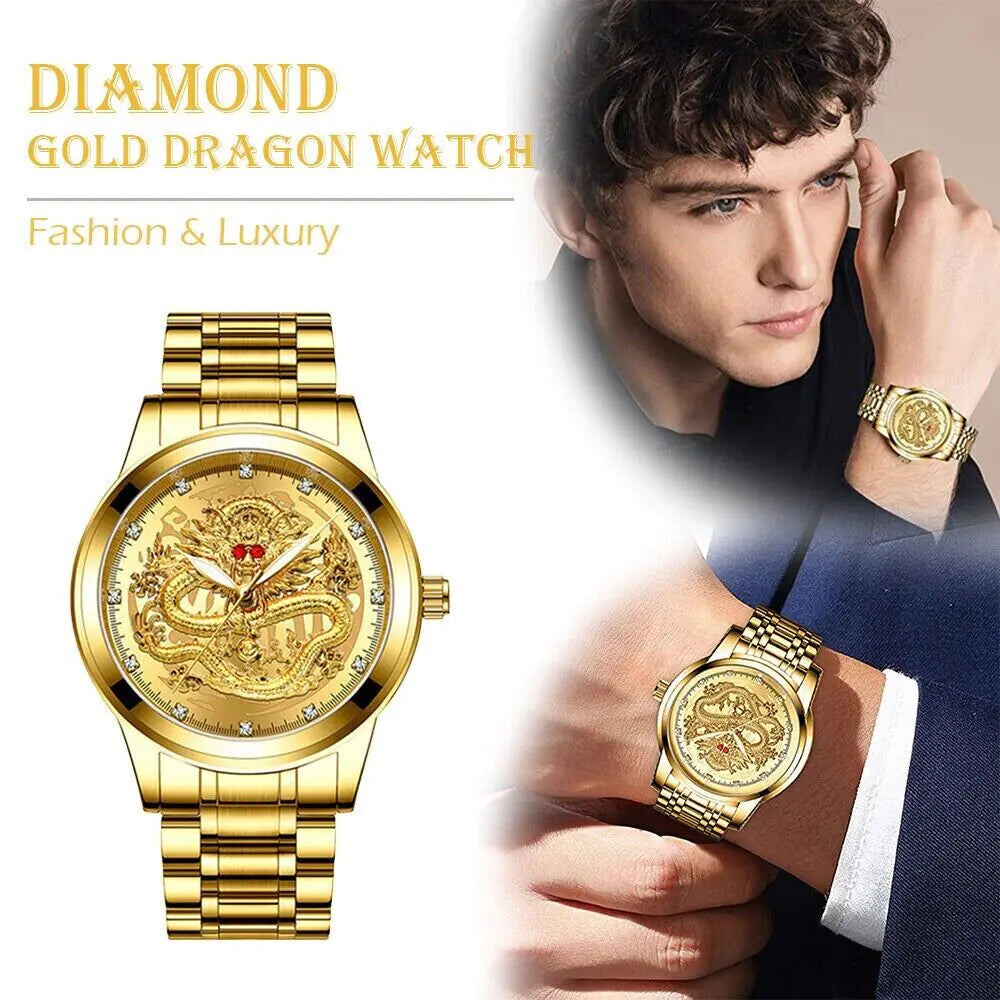 Business Gift Waterproof Gold Men's Diamond Quartz Watch Classic Stainless Steel